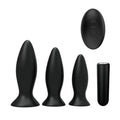 Set of three black silicone vibrating anal plugs with remote control from pleasures triplicity kit at lady jane shop