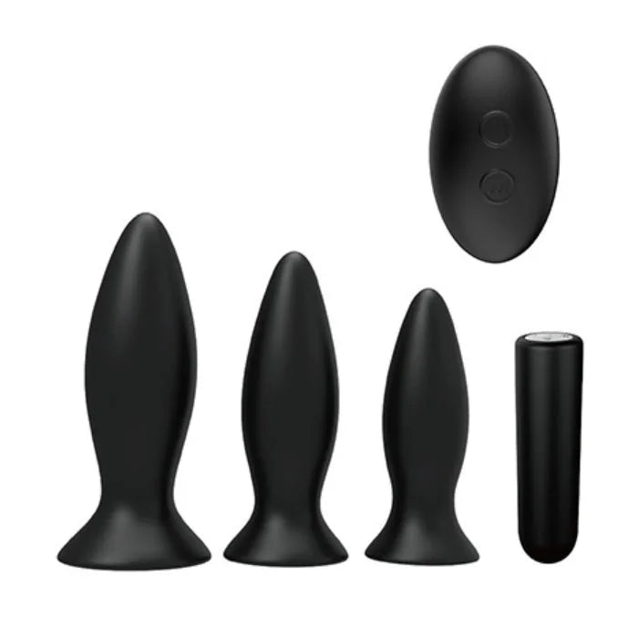 Set of three black silicone vibrating anal plugs with remote control from pleasures triplicity kit at lady jane shop