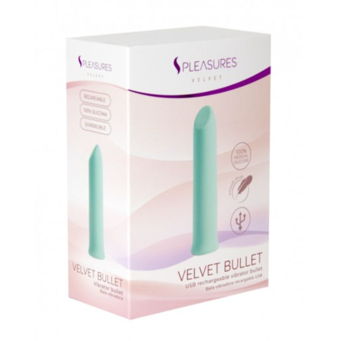 Pleasures velvet vibrating mini bullet aqua in mint green velvet texture for external erogenous zones and shallow vaginal penetration