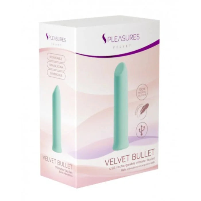 Pleasures velvet vibrating mini bullet aqua in mint green velvet texture for external erogenous zones and shallow vaginal penetration