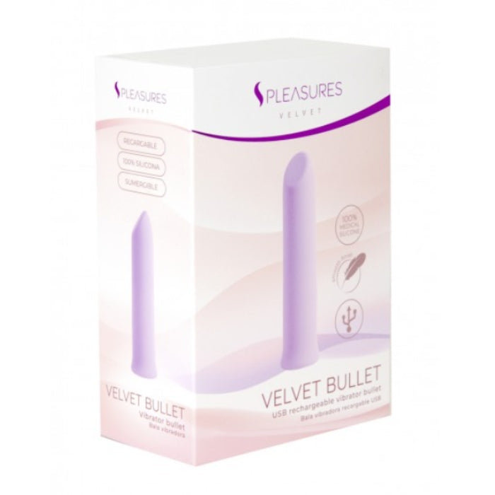Purple velvet-textured usb rechargeable vibrating bullet by pleasures velvet for external erogenous zones and shallow vaginal penetration