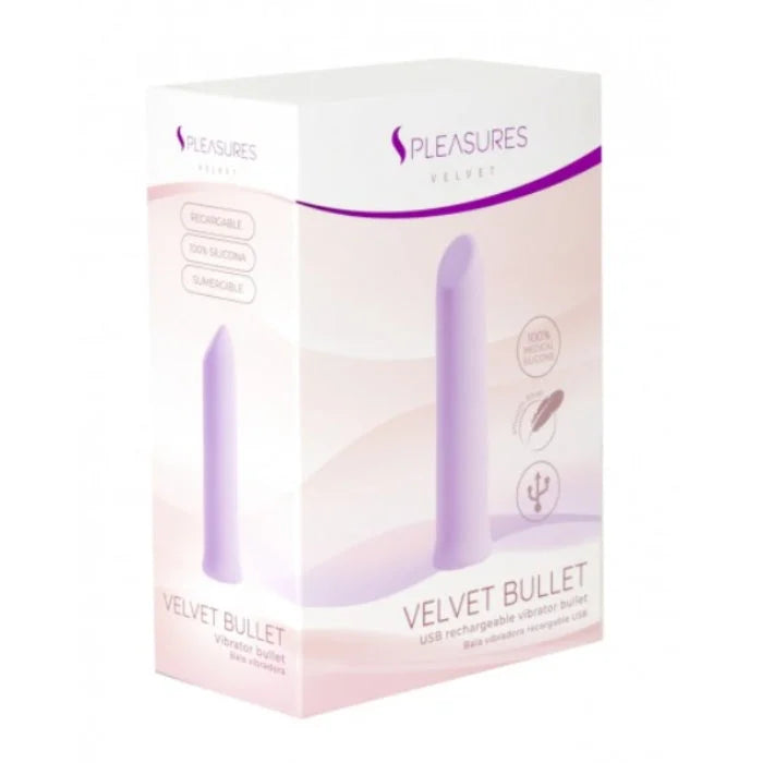 Purple velvet-textured usb rechargeable vibrating bullet by pleasures velvet for external erogenous zones and shallow vaginal penetration