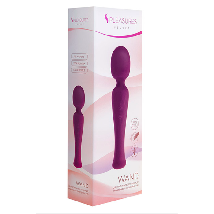 Pleasures Velvet Wand 10F purple silicone massage wand in packaging
