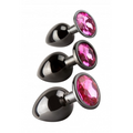 Glossy black Pleasures Zoom Round Anal Plug Set with circular jewel from Lady Jane Adult Shop