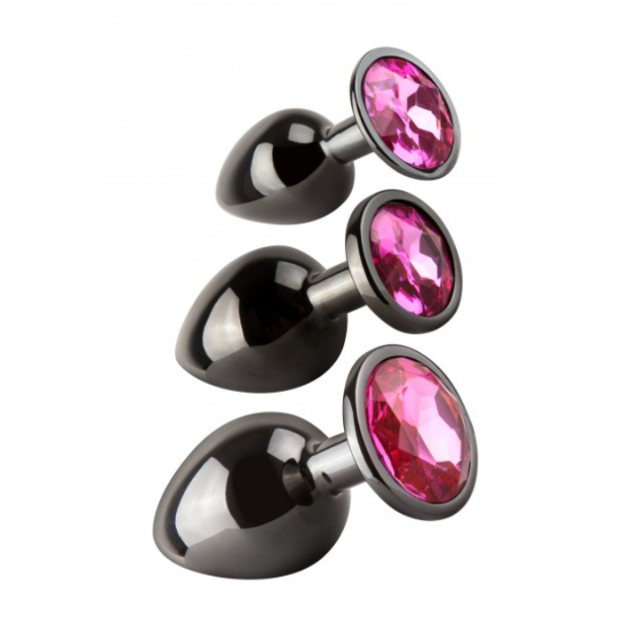 Glossy black Pleasures Zoom Round Anal Plug Set with circular jewel from Lady Jane Adult Shop