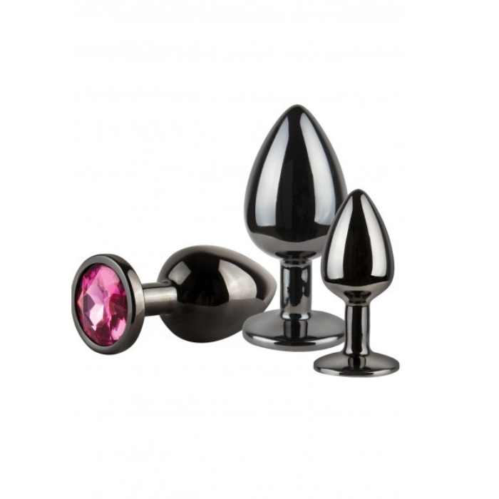 Glossy black Pleasures Zoom Round Anal Plug Set with pink circular jewel from Lady Jane Adult Shop