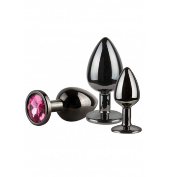Glossy black Pleasures Zoom Round Anal Plug Set with pink circular jewel from Lady Jane Adult Shop