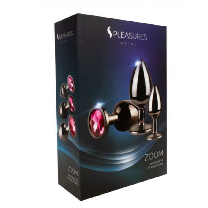 Sleek glossy black and pink circular jewel anal plug set in Lady Jane Adult Shop box
