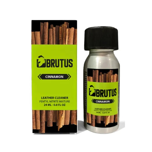 Poppers brutus cinnamon cinnamon-scented leather cleaner in a silver bottle with lime green label for adventurous users at lady jane adult shop