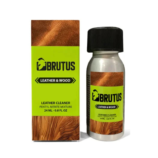 Poppers brutus leather and wood cleaner 24ml in a sleek silver bottle with lime green label and wood grain design from lady jane shop
