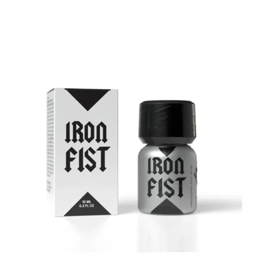 Silver metallic iron fist poppers bottle with strong formula and black cap next to white geometric box from lady jane adult shop