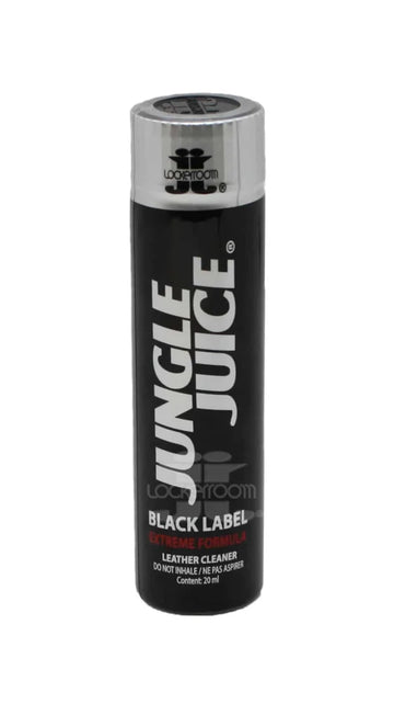 Black cylindrical bottle of jungle juice black label leather cleaner with silver cap and white lettering 20ml poppers
