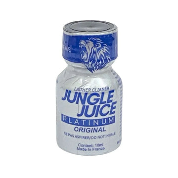 A small clear plastic bottle of poppers jungle juice platinum 10ml with blue white label and lion logo cap