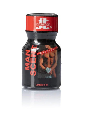 Black plastic bottle with red cap and label featuring man scent original branding and muscular man image fast acting poppers man scent 10ml