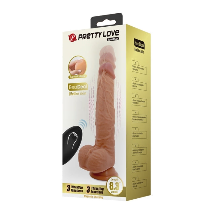 A thrusting ＆ vibrating vibrator in a realistic penis shape with a strong suction cup that sticks to any smooth surface. The suction cup makes hands-free fun possible. The 3 vibration and thrusting modes can be controlled separately via the remote control or by a partner. USB rechargeable with battery operated remote.