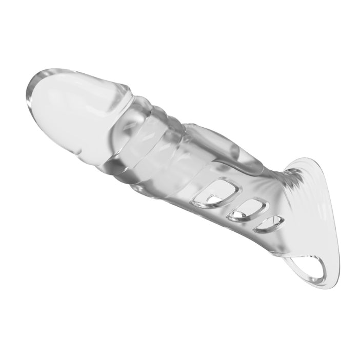 Clear 8.7 inch penis sleeve with textured grip and oval cutouts