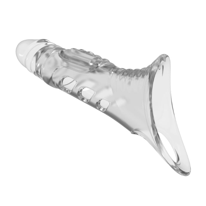 Premium transparent 8.7 inch penis sleeve with clear silicone cock ring, textured grip and three circular cutouts