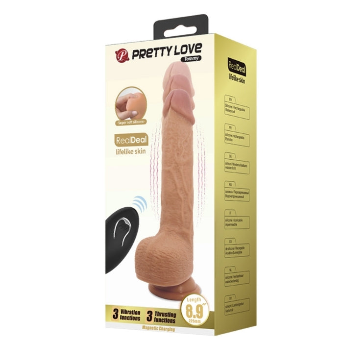 A thrusting ＆ vibrating vibrator in a realistic penis shape with a strong suction cup that sticks to any smooth surface. The suction cup makes hands-free fun possible. The 3 vibration and thrusting modes can be controlled separately via the remote control or by a partner. USB rechargeable and battery operated remote.