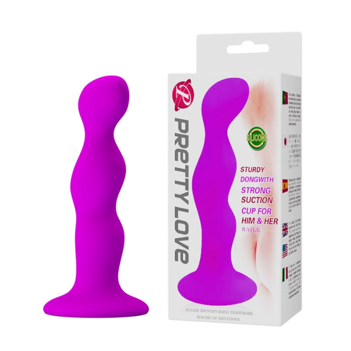 Purple silicone anal toy with three smooth bulbs and suction cup base for pleasure