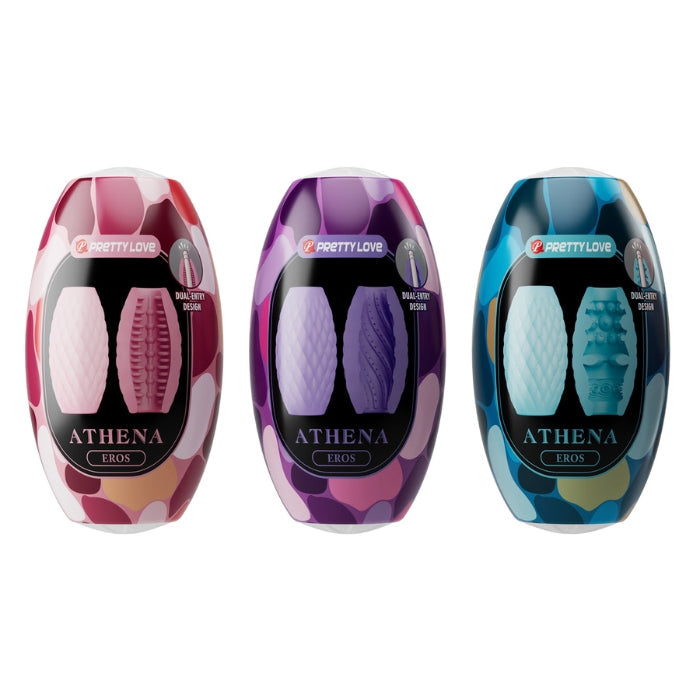 Pretty Love Athena Eros mini egg masturbator in pink, purple, blue camo packaging