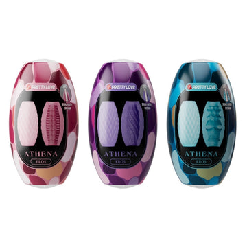 Pretty Love Athena Eros mini egg masturbator in pink, purple, blue camo packaging