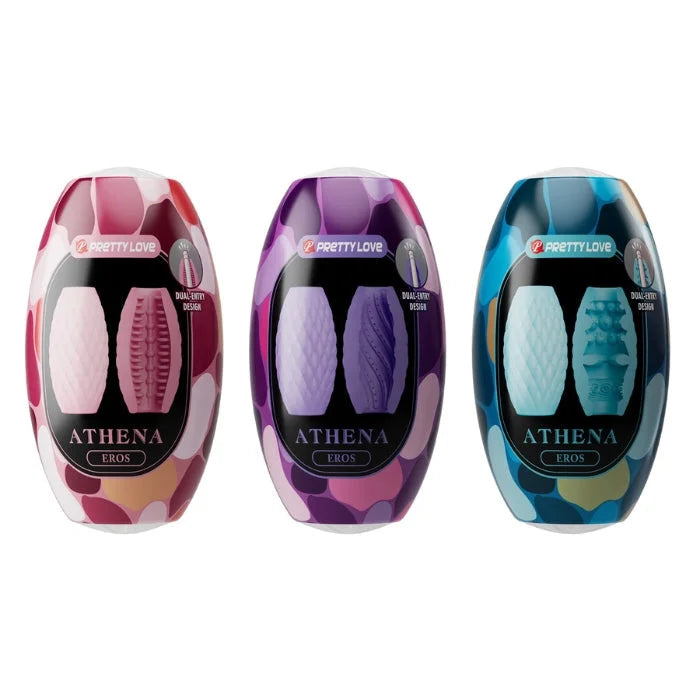 Pretty Love Athena Eros mini egg masturbator in pink, purple, blue camo packaging
