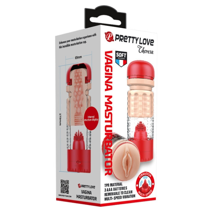 Pretty Love Cheresa vibrating vagina masturbator cup with internally textured sleeve in red and beige