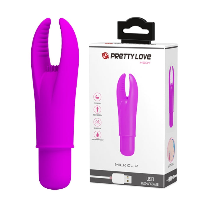 Bright purple silicone Pretty Love Clitoral Pincher Vibrator with packaging and forked tip