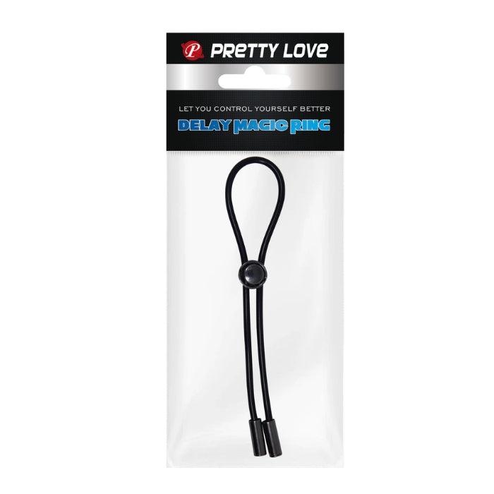 Pretty Love Delay black elastic cock ring with ball loop and button closure