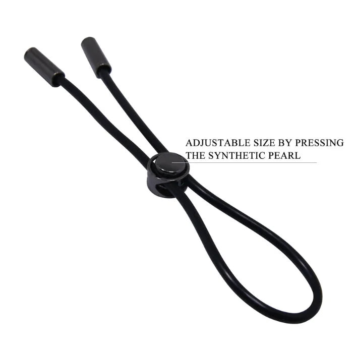 Black Pretty Love Delay cock ring with ball loop, pearl button strap