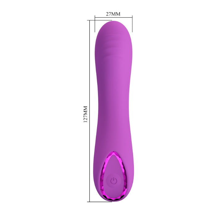 Pretty Love DJ Dick purple vibrator with glowing pink button and shining decorative ring on silicone body