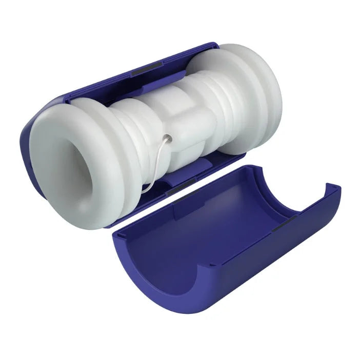 Pretty Love DJ Lady blue masturbator with white ribbed silicone cock ring and manual squeezing case