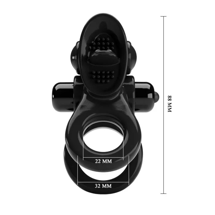 Black Pretty Love Double Cock Ring Vibe with Clit Licker and textured silicone