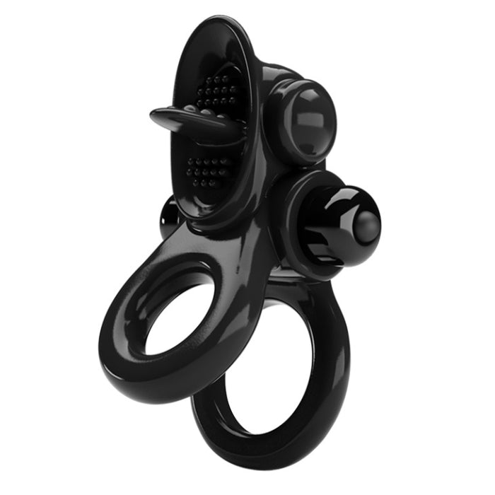 Black Pretty Love Double Cock Ring Vibe with textured clit licker