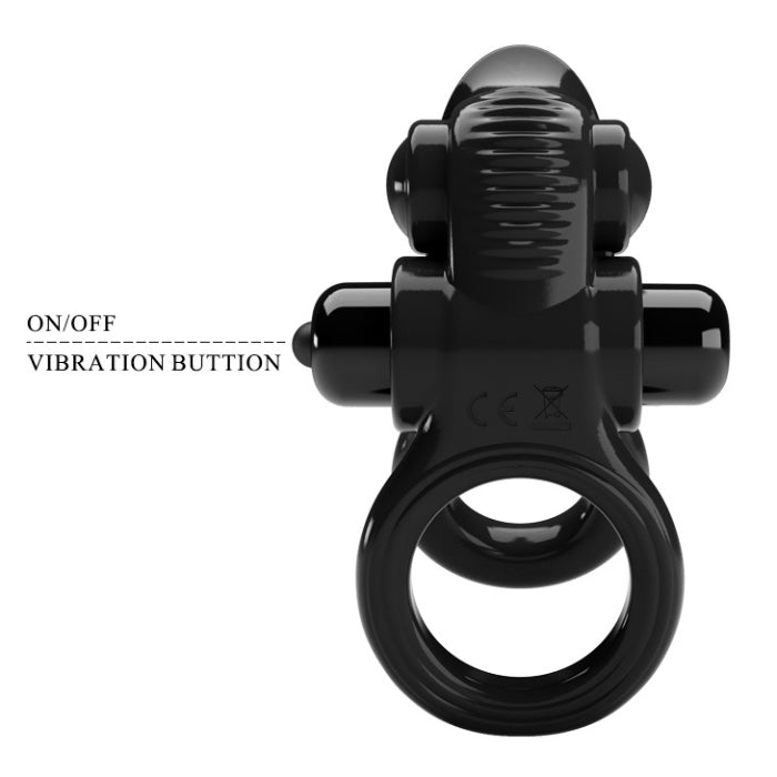 Black Pretty Love Double Cock Ring Vibe with textured grip and clit licker