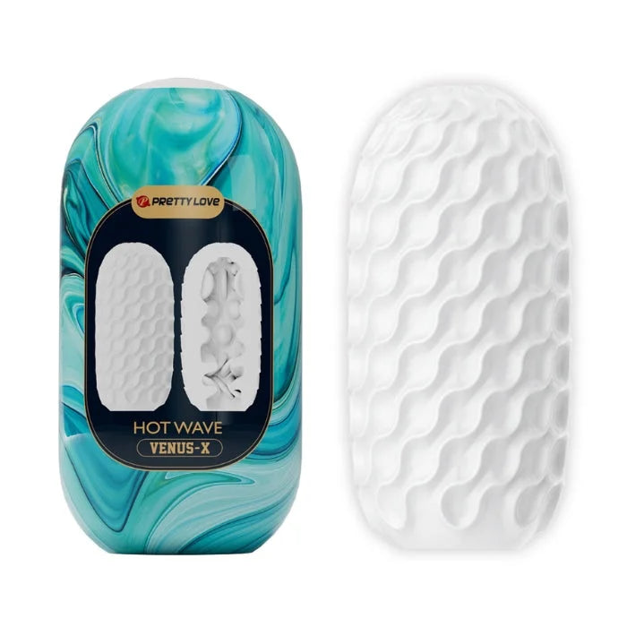 Teal and white marbled Pretty Love Hot Wave Venus X masturbator with clear window showing textured inserts
