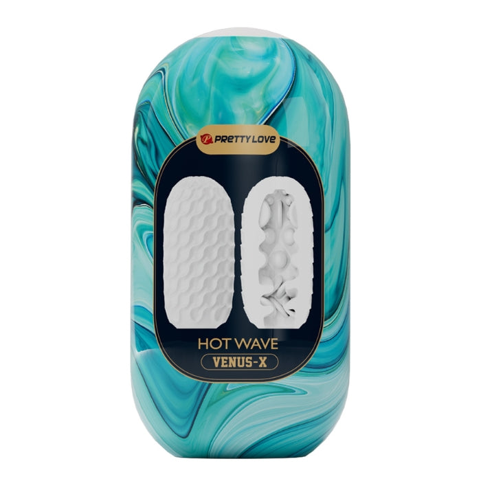 Teal white marbled plastic package for Pretty Love Hot Wave Venus X masturbator