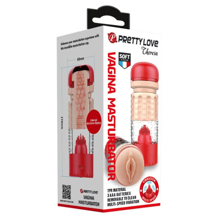 Pretty Love Cheresa vibrating vagina masturbator cup with internally textured sleeve in red and beige