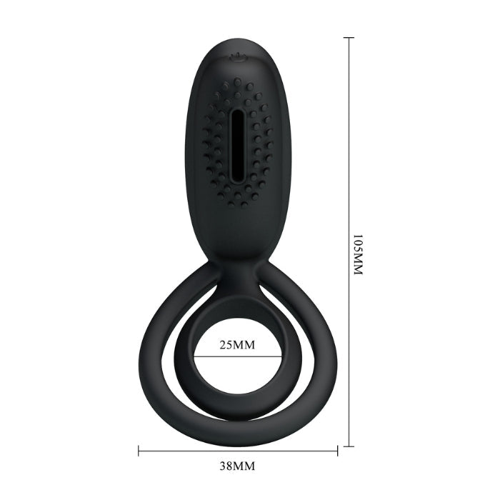 The stretchy material will fit around the base of your penis and balls, hugging close to the skin, trapping the blood in your penis and helping you achieve longer lasting and larger erections. The small ring is noduled for some added texture and the top of the ring features a clitoral stimulator with a vibrating bullet.