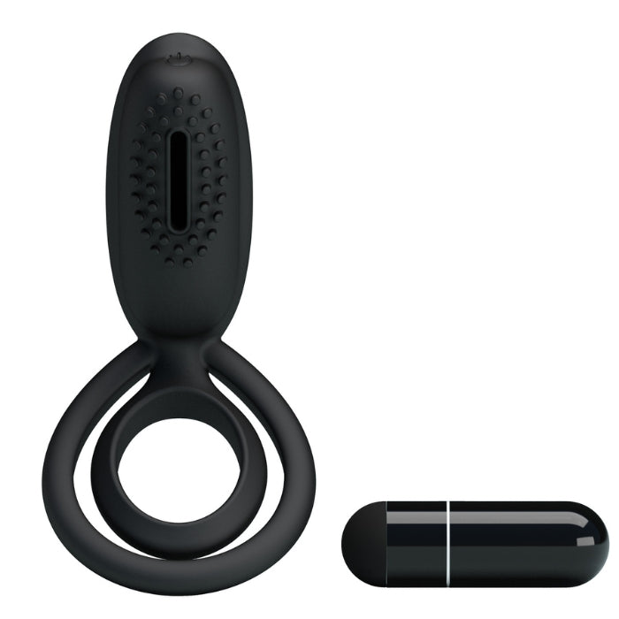 The stretchy material will fit around the base of your penis and balls, hugging close to the skin, trapping the blood in your penis and helping you achieve longer lasting and larger erections. The small ring is noduled for some added texture and the top of the ring features a clitoral stimulator with a vibrating bullet.