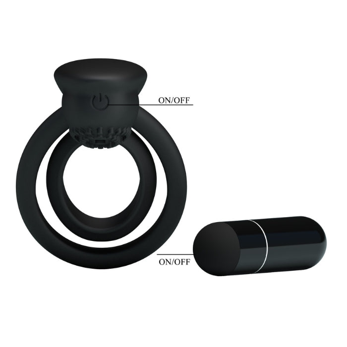 The stretchy material will fit around the base of your penis and balls, hugging close to the skin, trapping the blood in your penis and helping you achieve longer lasting and larger erections. The small ring is noduled for some added texture and the top of the ring features a clitoral stimulator with a vibrating bullet.