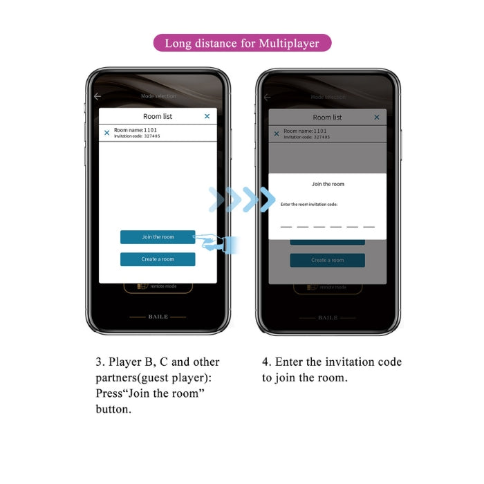 Purple Pretty Love Leviathan Egg Bullet vibrating panty toy with black smartphone multiplayer game interface showing room list and invitation code screens