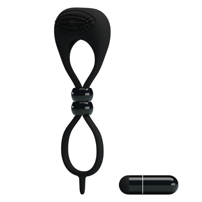Pretty Love Locker black silicone cock ring with ball harness and beads