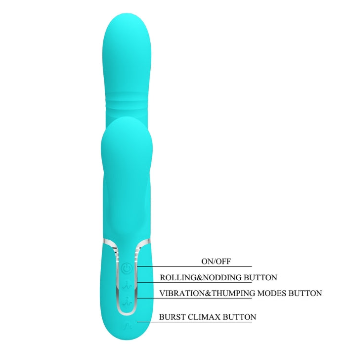 Pretty Love Mariana rabbit vibrator in aqua with teal silicone and silver buttons