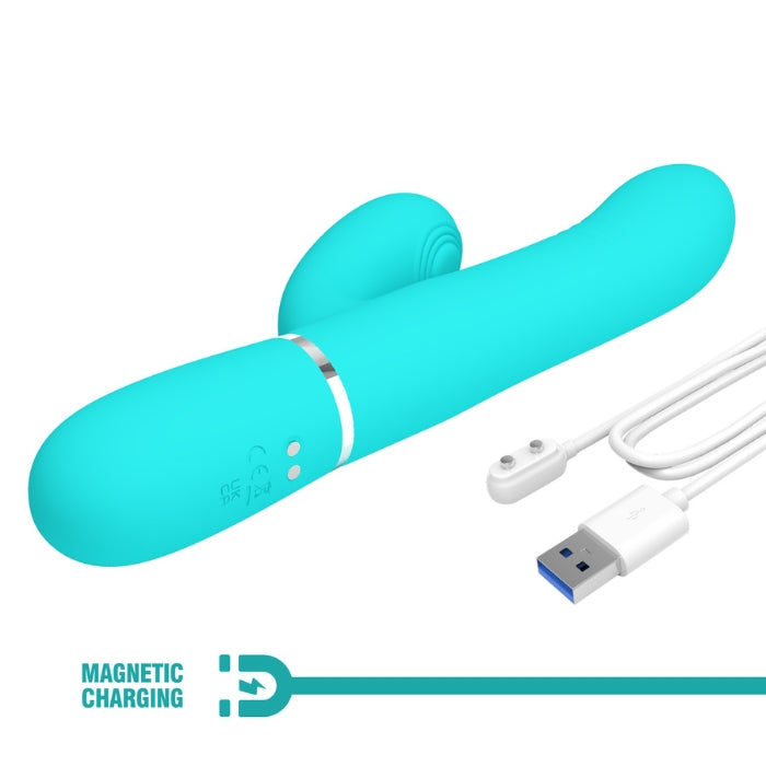 Pretty Love Mariana rabbit vibrator with turquoise silicone, thrusting, rolling, dual stimulation, magnetic USB charging