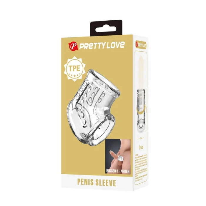 Clear Pretty Love penis sleeve with textured TPE surface and patterns