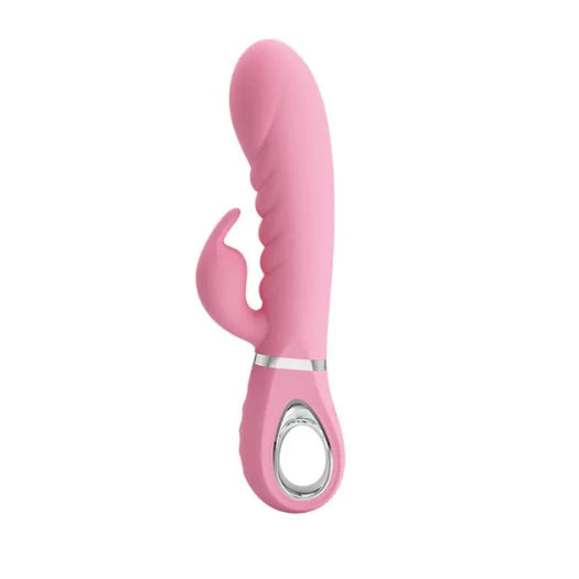 Pretty love prescott pink silicone rabbit vibrator with vibration functions and usb rechargeable silver accent ring