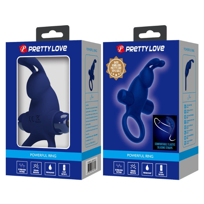 Pretty Love Rabbit vibrating cock ring in blue with silicone power