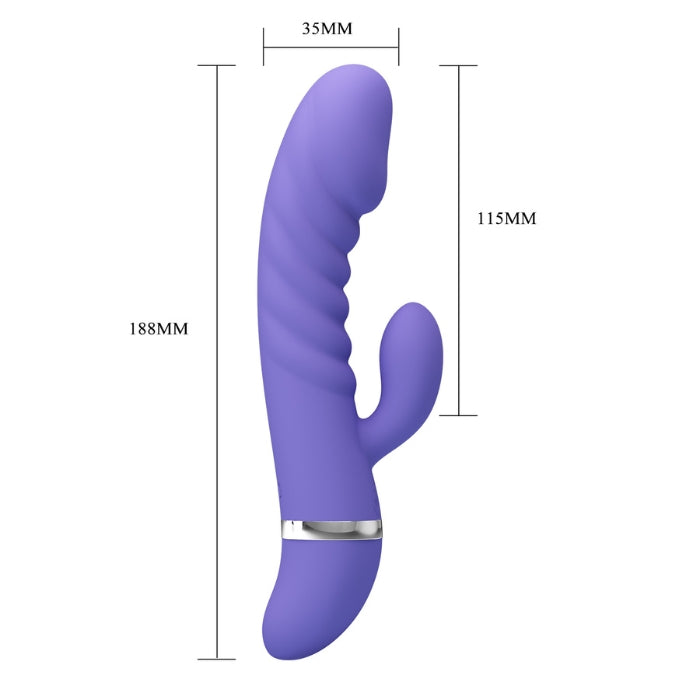 This super soft silicone 7 function rabbit vibrator is amazingly equipped to provide you with intense pleasure night after night. The shape of this sleek and stylish purple toy is smooth and curved with a thick head to reach your inner G-spot, and a smaller curved rabbit for clitoral stimulation. 