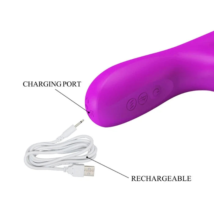 Pretty Love Reese pink thrusting rotating vibrator with purple silicone and USB charging